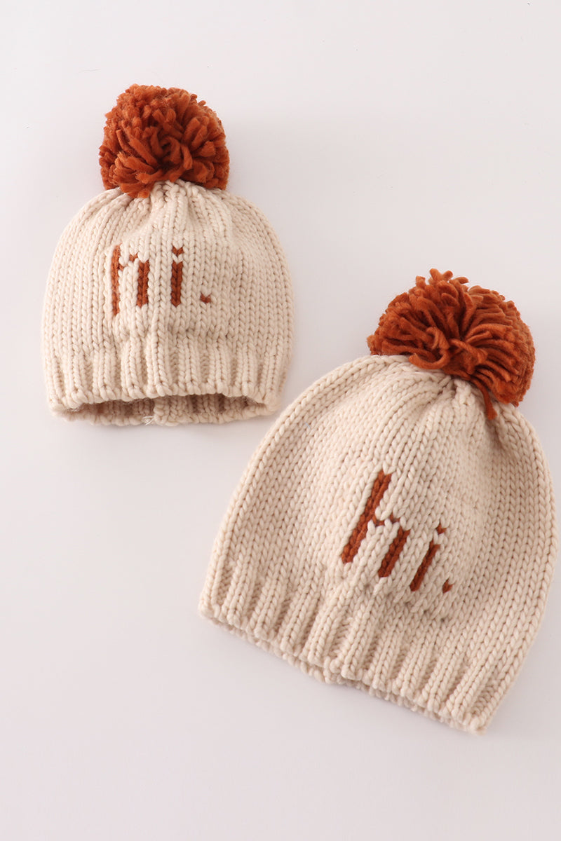 Beige Pompom Hi Cable Beanie