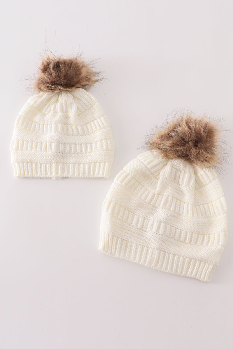 Ivory Pompom Cable Beanie