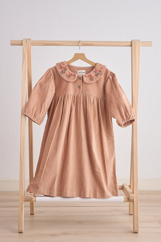 Beige Floral Embroidery Velveteen Girl Dress