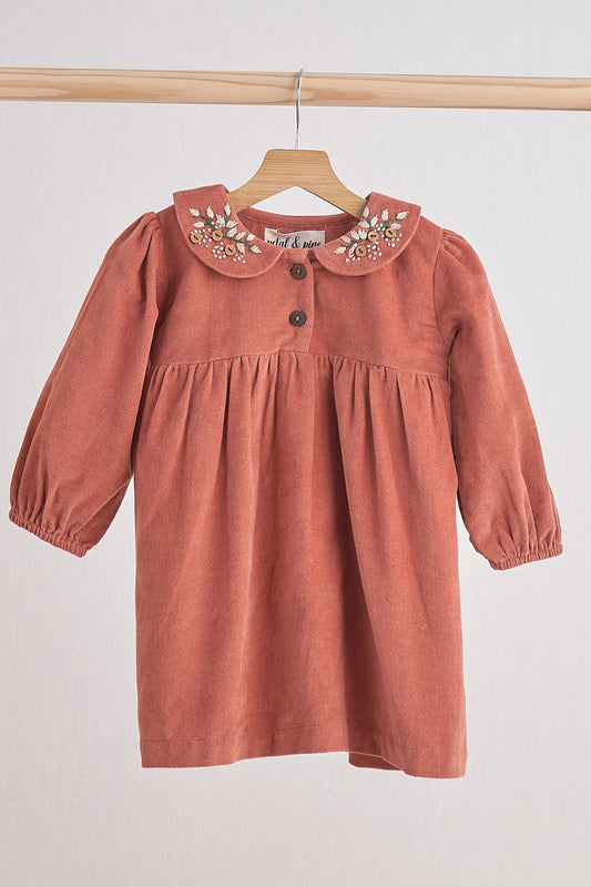 Rust Floral Embroidery Velveteen Girl Dress