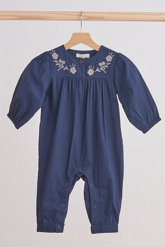 Navy Floral Embroidery Linen Girl Romper