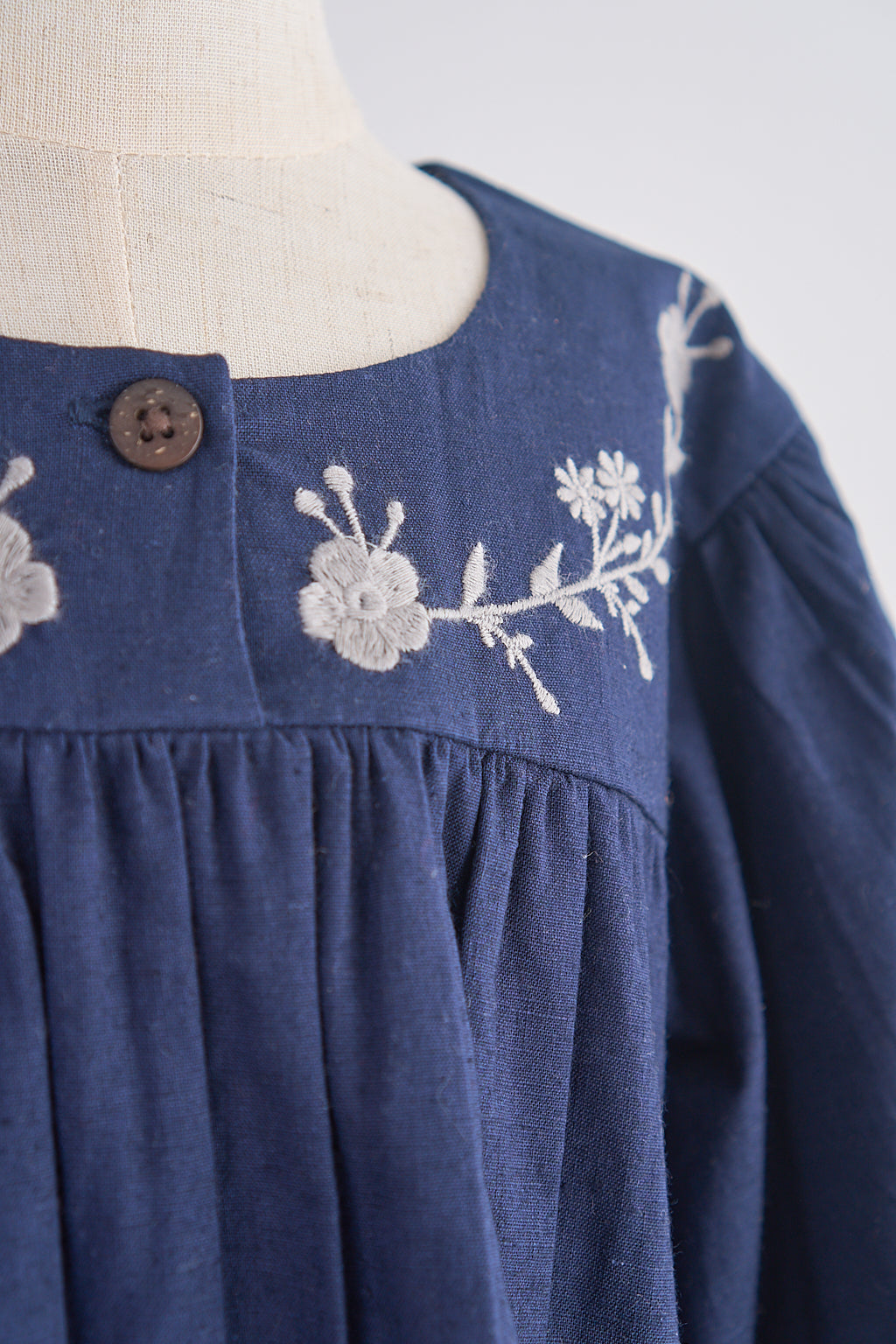 Navy Floral Embroidery Linen Girl Dress