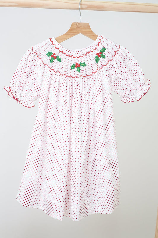 Pink Christmas Bishop Hand Smocked Dot Dress