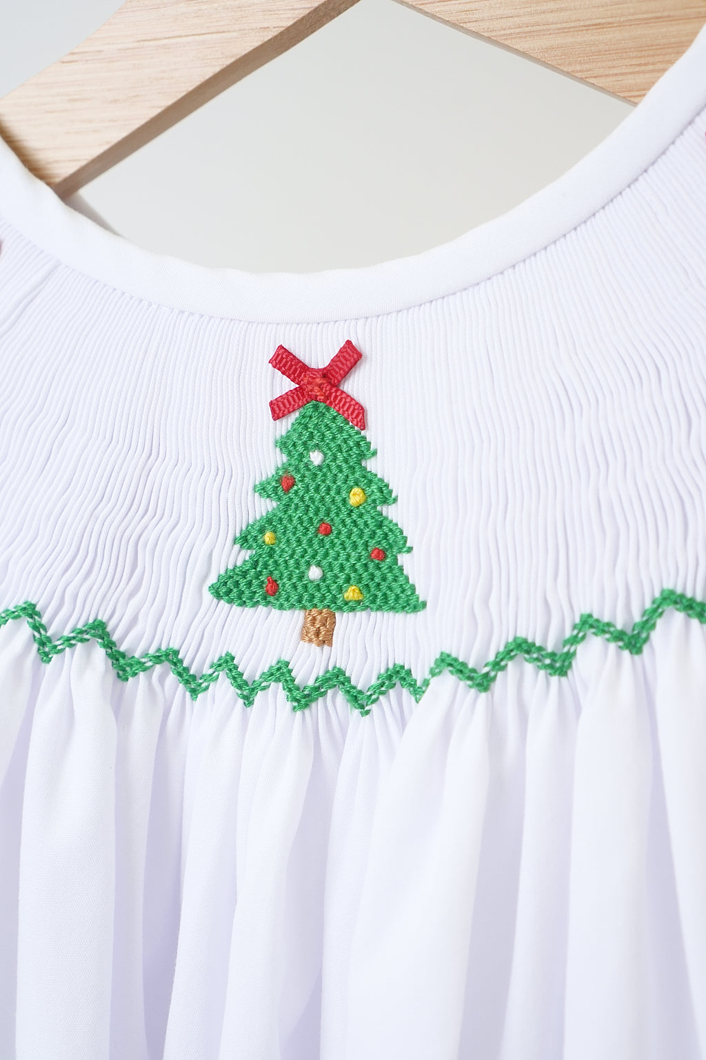 White Christmas Tree Hand Smocked Dress