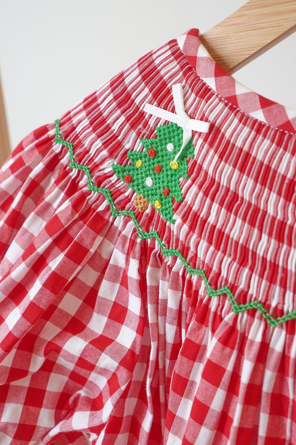 Red Christmas Tree Hand Smocked Gingham Dress