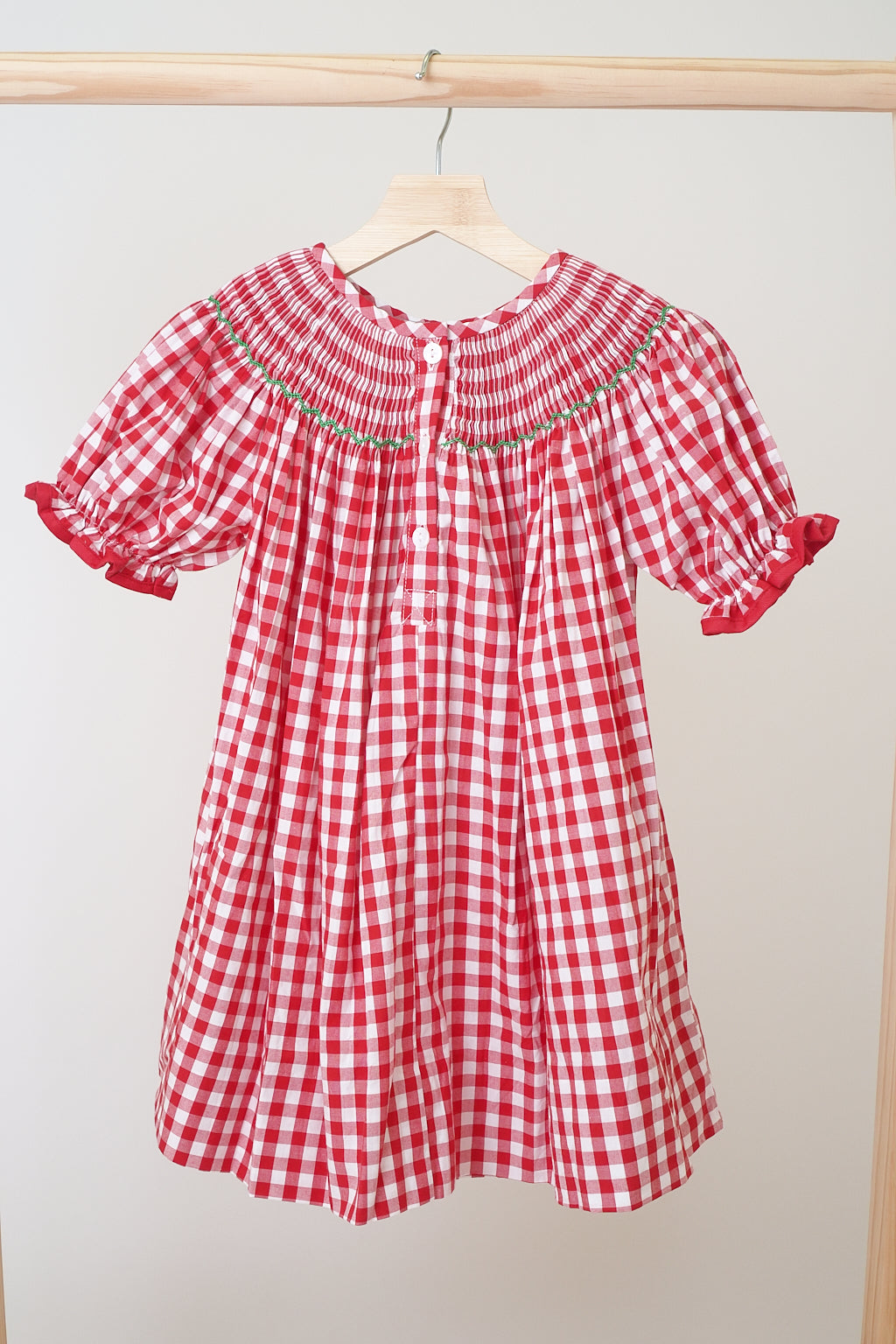 Red Christmas Tree Hand Smocked Gingham Dress