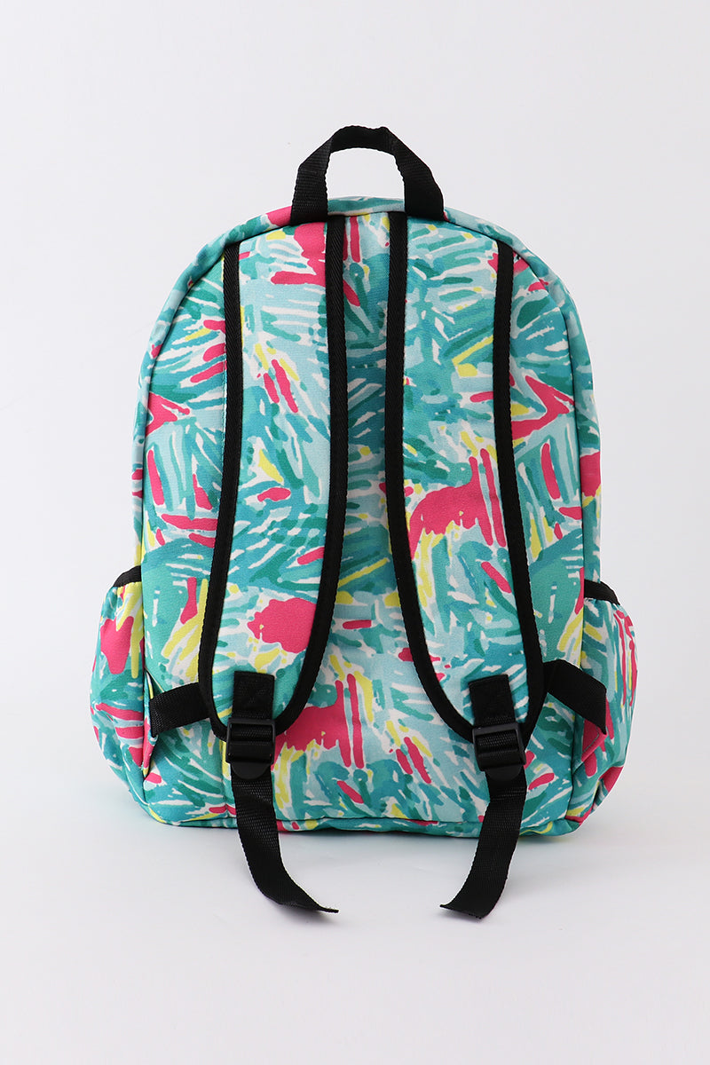 Green Lily Print Backpack Bag