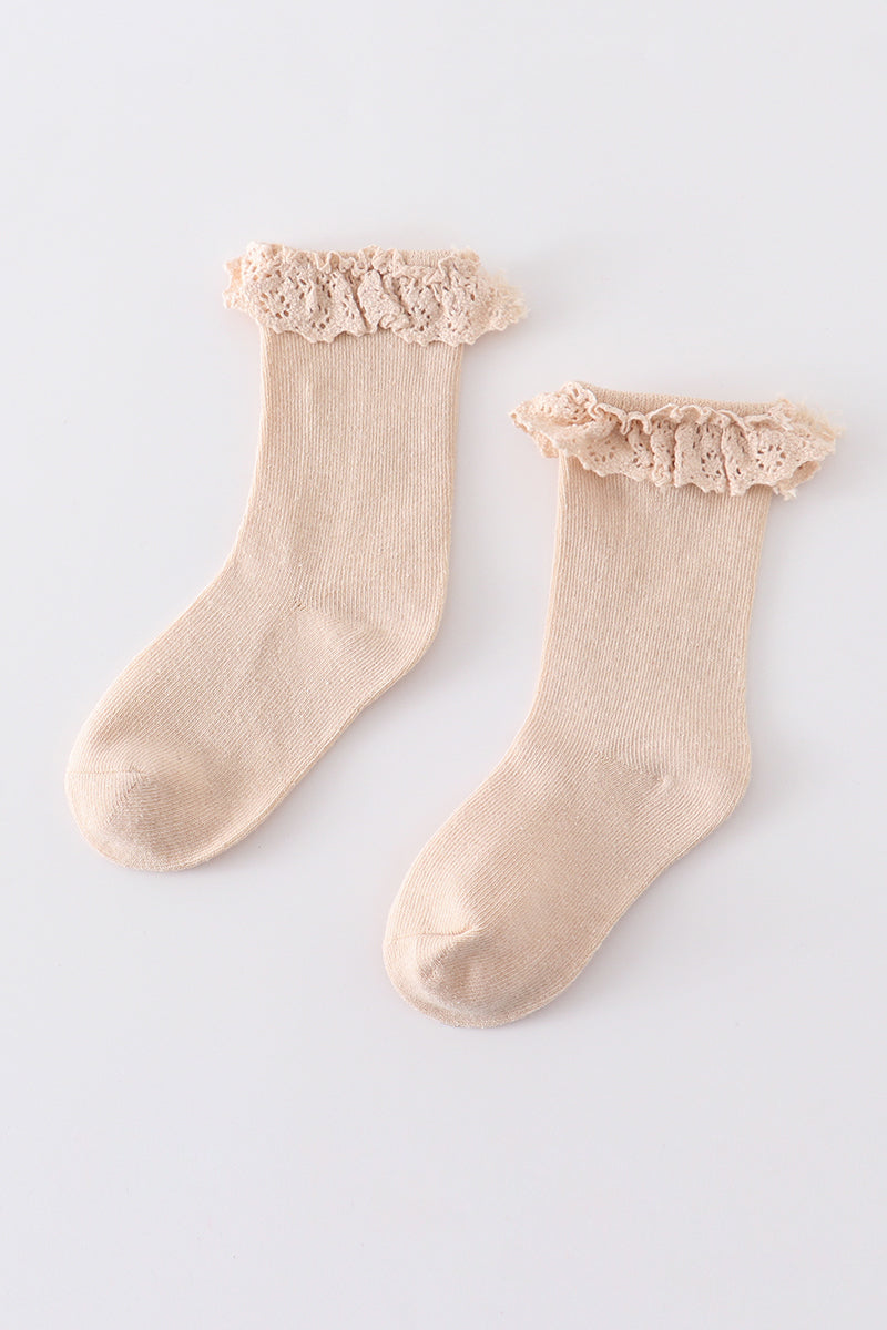 Beige Knit Lace Girls Socks