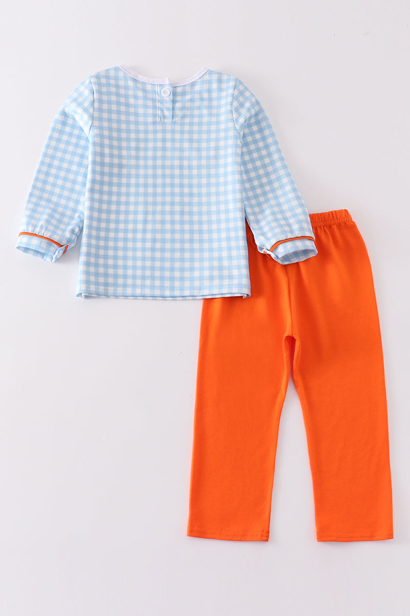 Blue Plaid Pumpkin Embroidery Boy Set