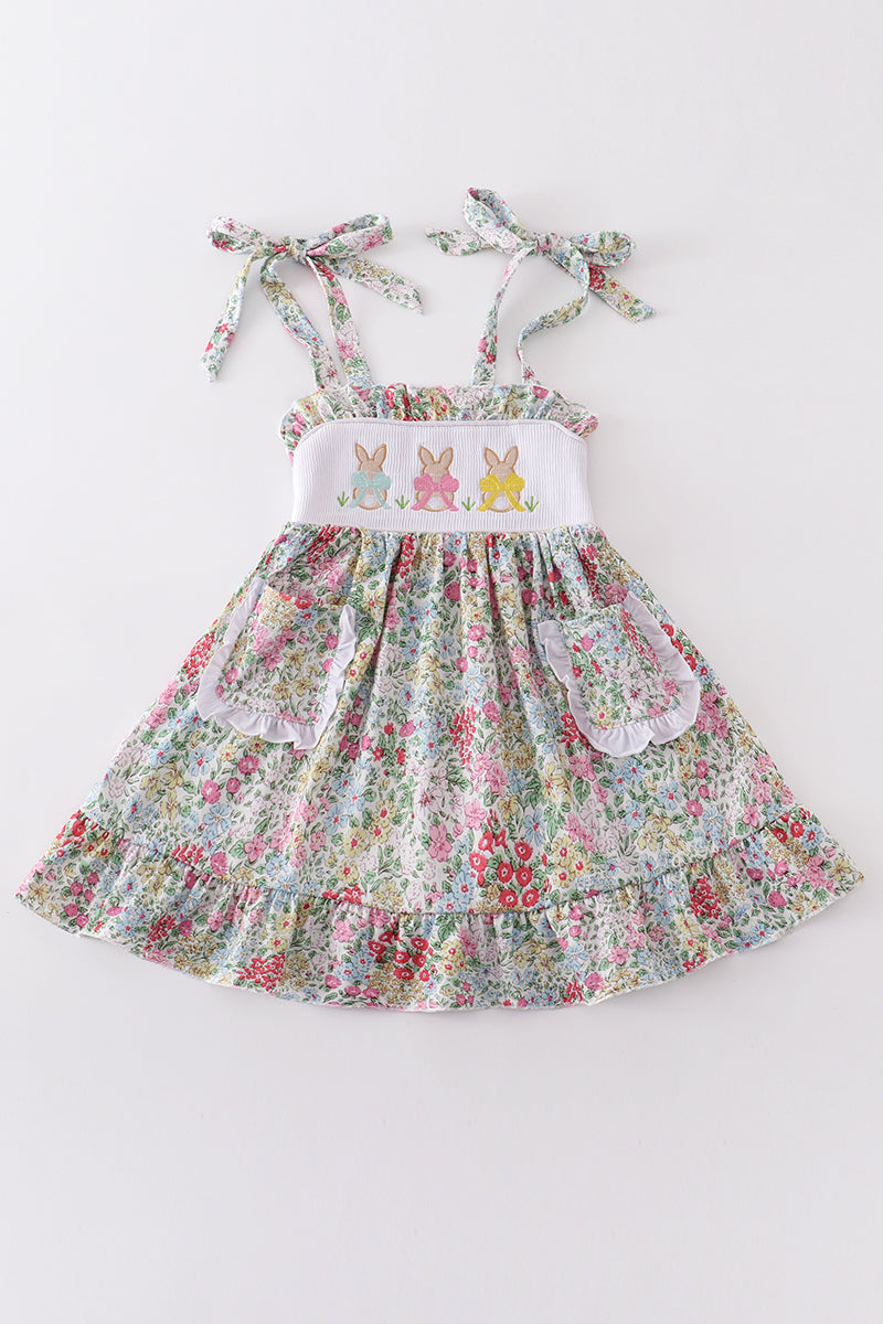 Easter Floral Bunny Egg Embroidery Girl Dress