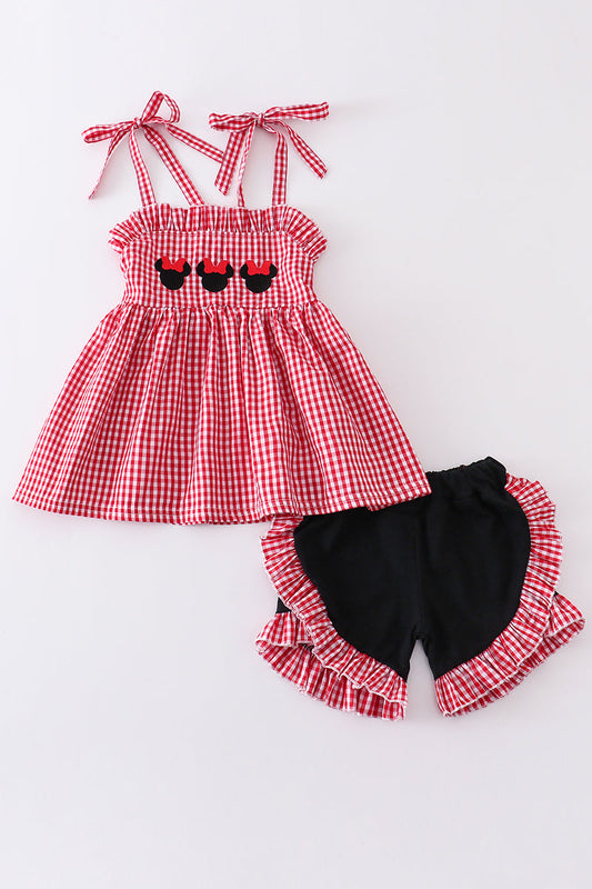 Red Gingham Woven Character Embroidery Girl Set