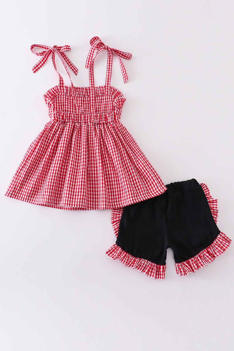 Red Gingham Woven Character Embroidery Girl Set