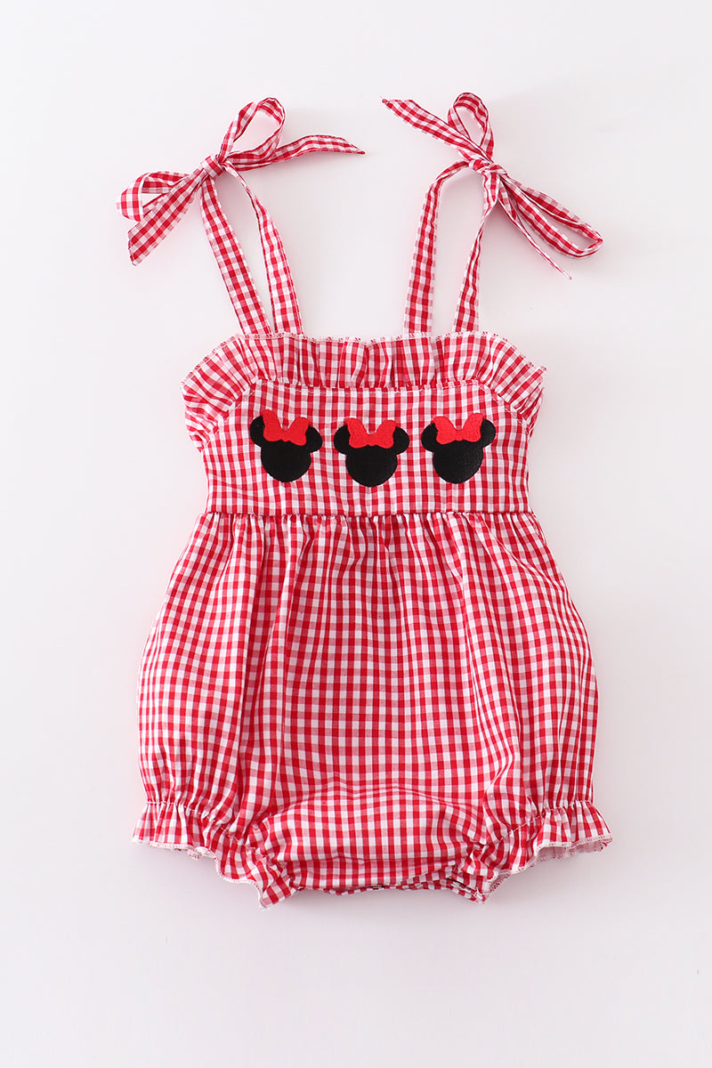 Red Gingham Woven Character Embroidery Girl Bubble