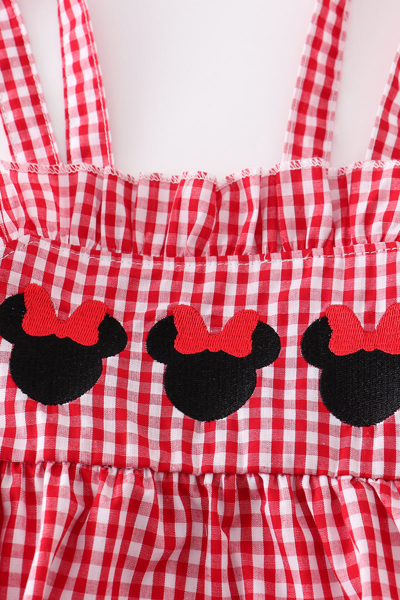 Red Gingham Woven Character Embroidery Girl Bubble