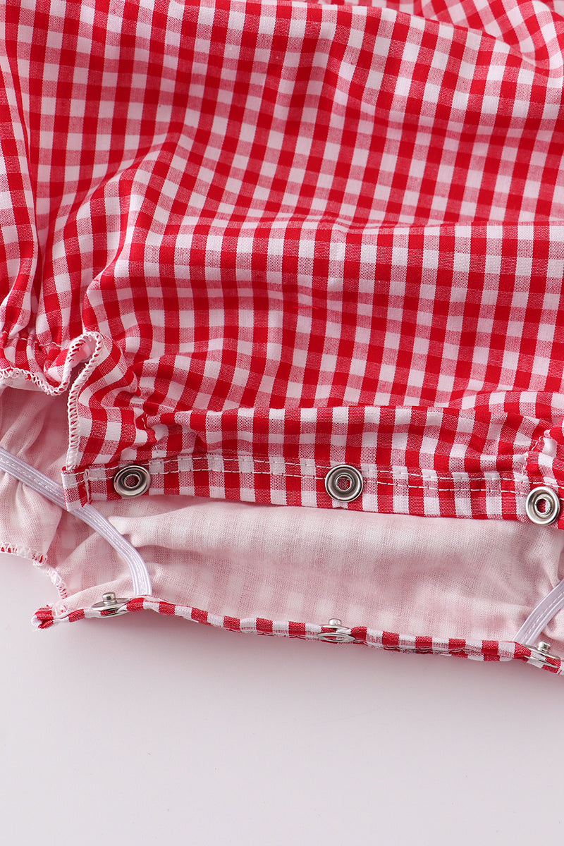 Red Gingham Woven Character Embroidery Girl Bubble