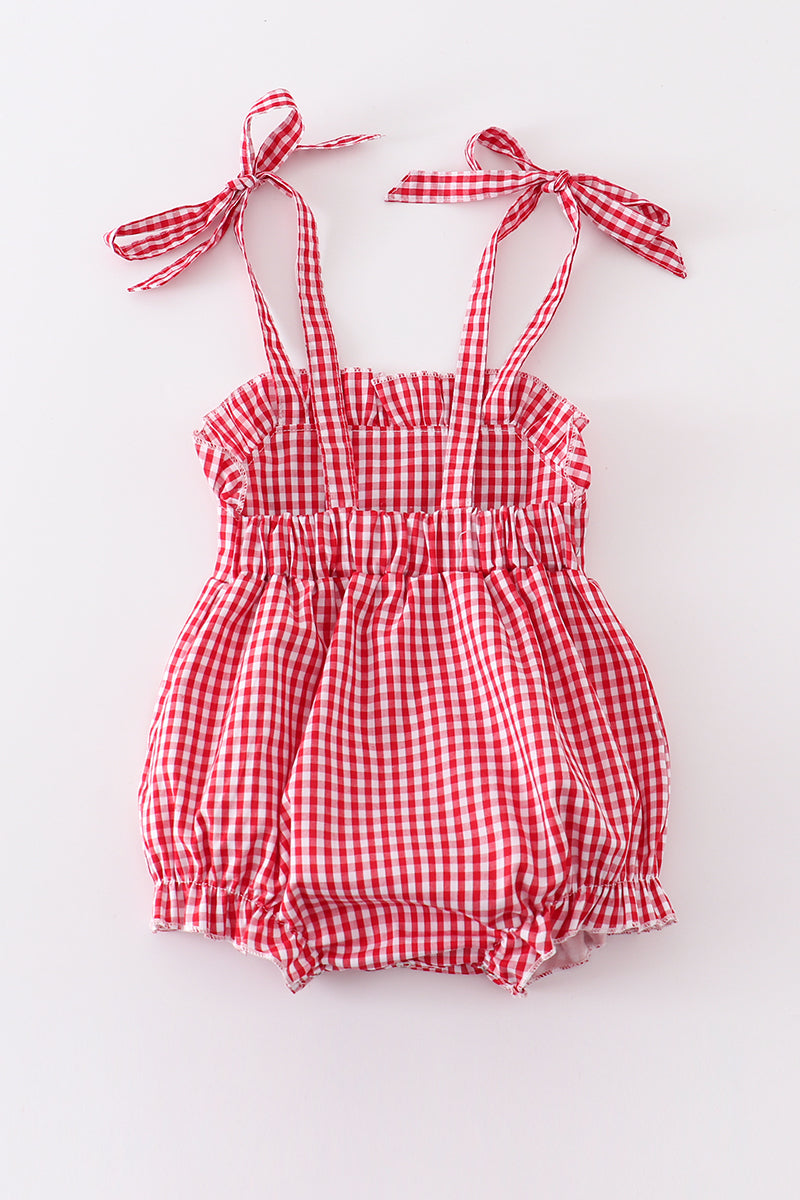 Red Gingham Woven Character Embroidery Girl Bubble