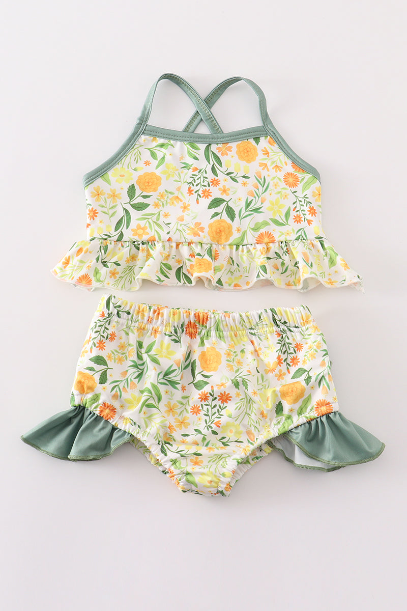 Yellow Floral 2Pc Girl Swimsuit