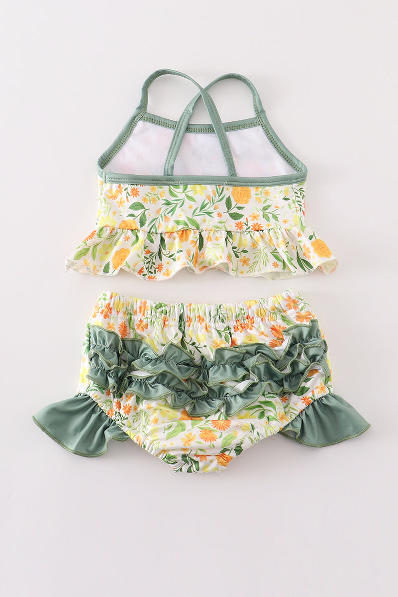 Yellow Floral 2Pc Girl Swimsuit