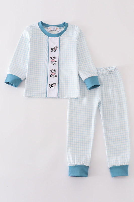 Blue Gingham Cow Embroidery Boy Pajamas Set