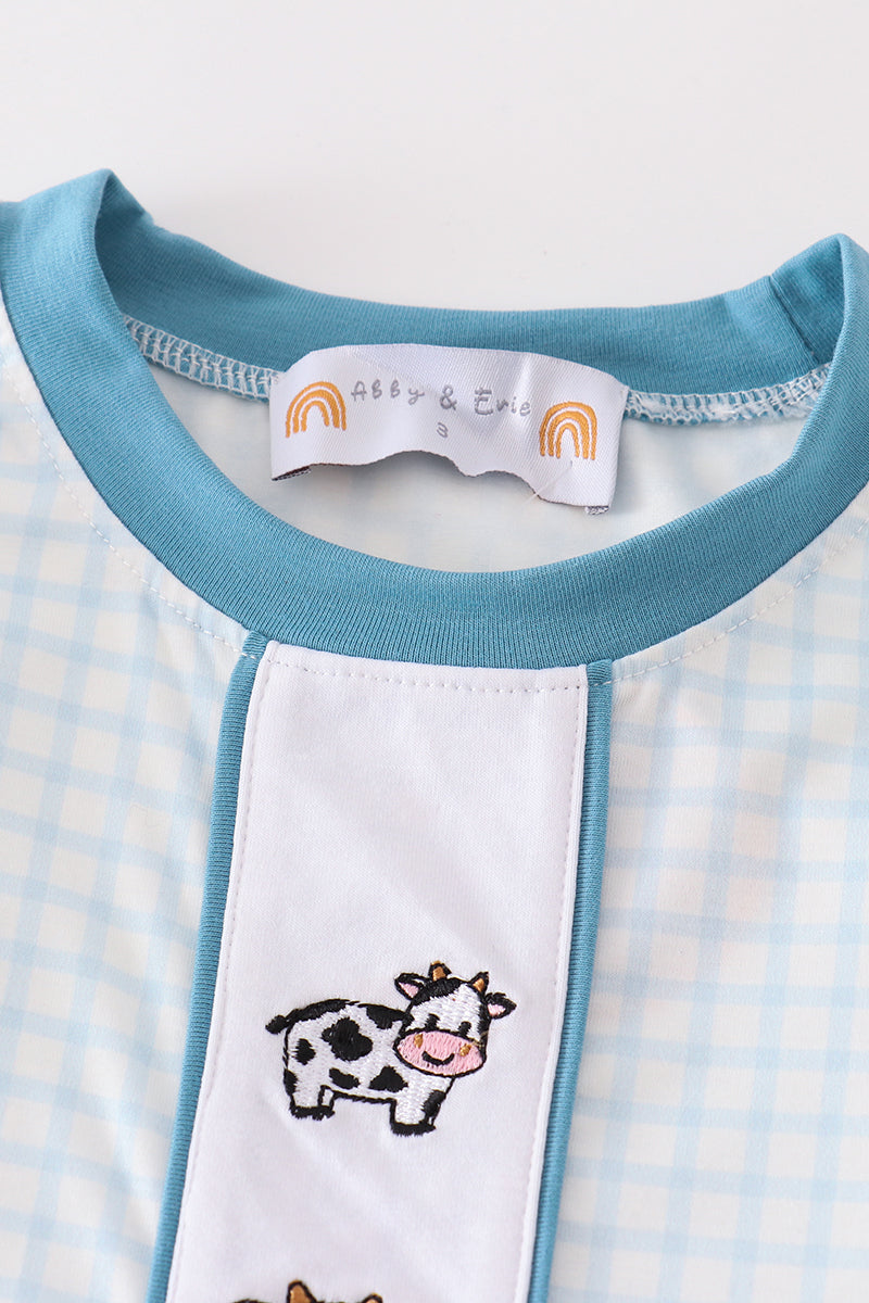 Blue Gingham Cow Embroidery Boy Pajamas Set