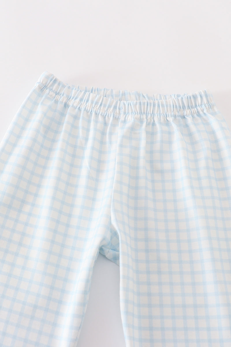 Blue Gingham Cow Embroidery Boy Pajamas Set