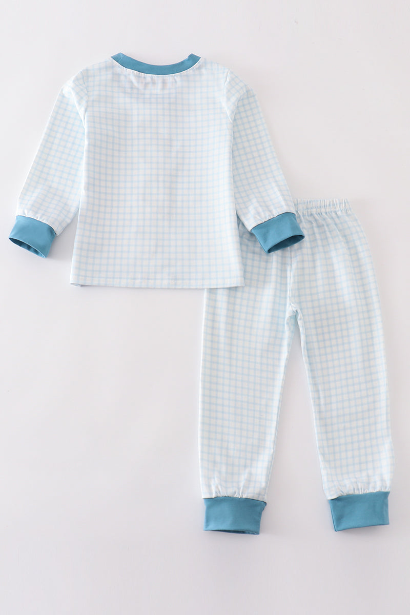 Blue Gingham Cow Embroidery Boy Pajamas Set