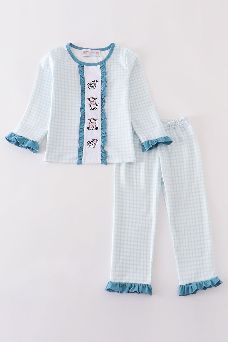 Blue Gingham Cow Embroidery Girl Pajamas Set