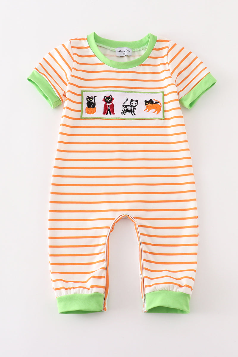 Green Halloween Cat Embroidery Boy Romper