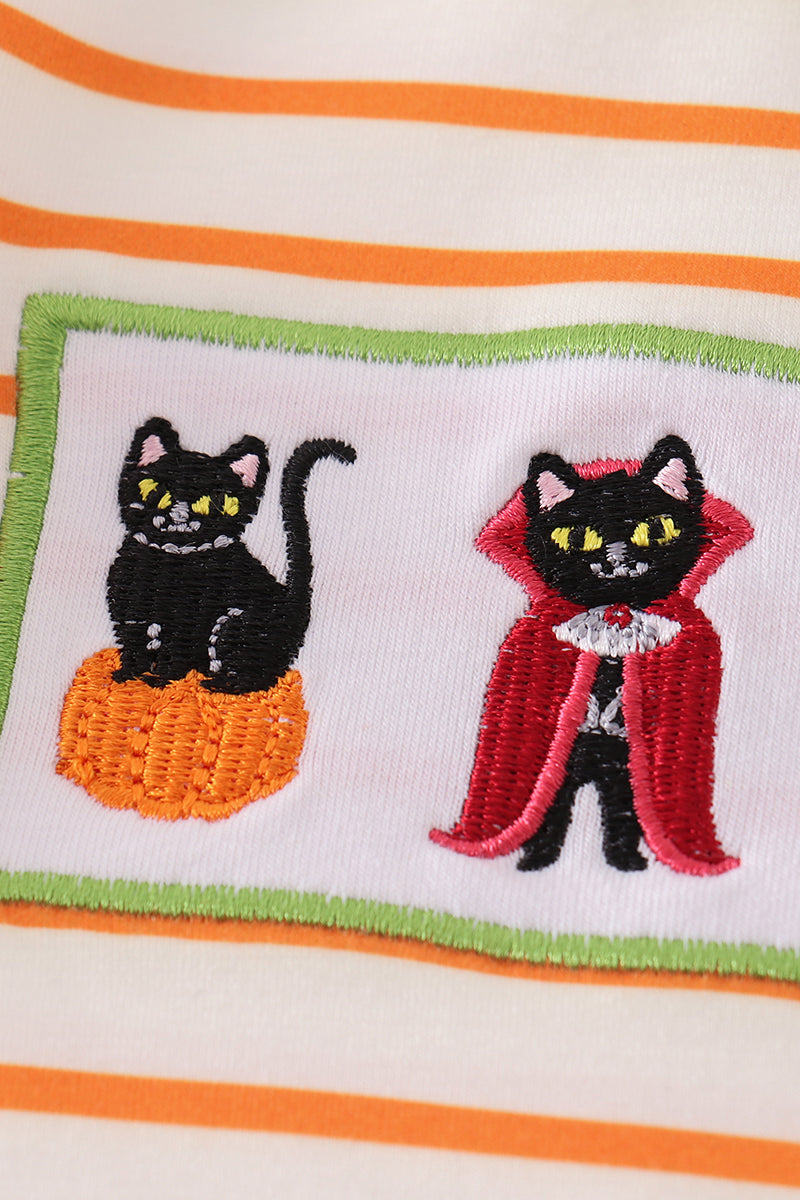 Green Halloween Cat Embroidery Boy Romper