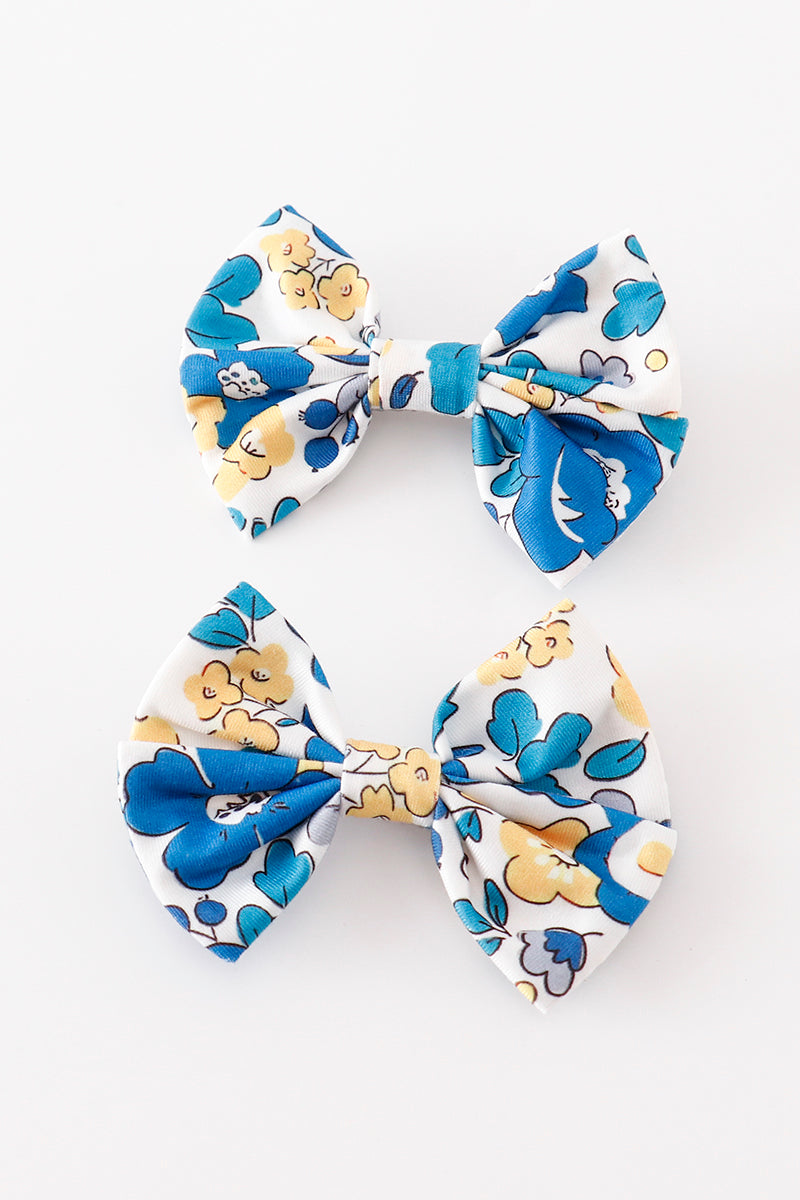 Blue Floral Print Piggie Hair Bow