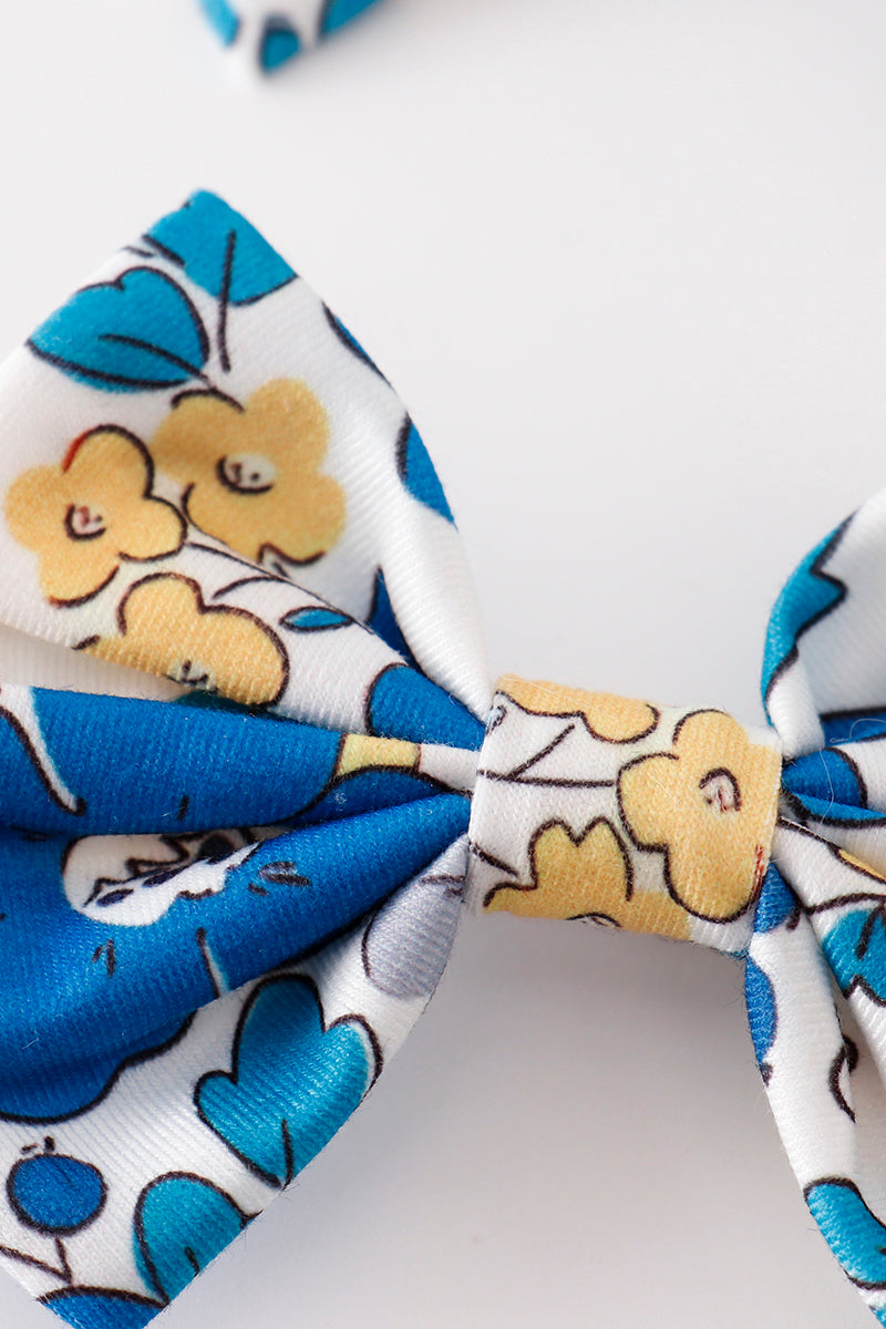 Blue Floral Print Piggie Hair Bow