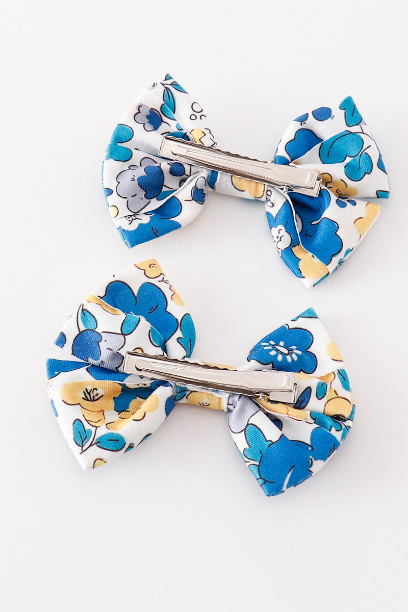 Blue Floral Print Piggie Hair Bow