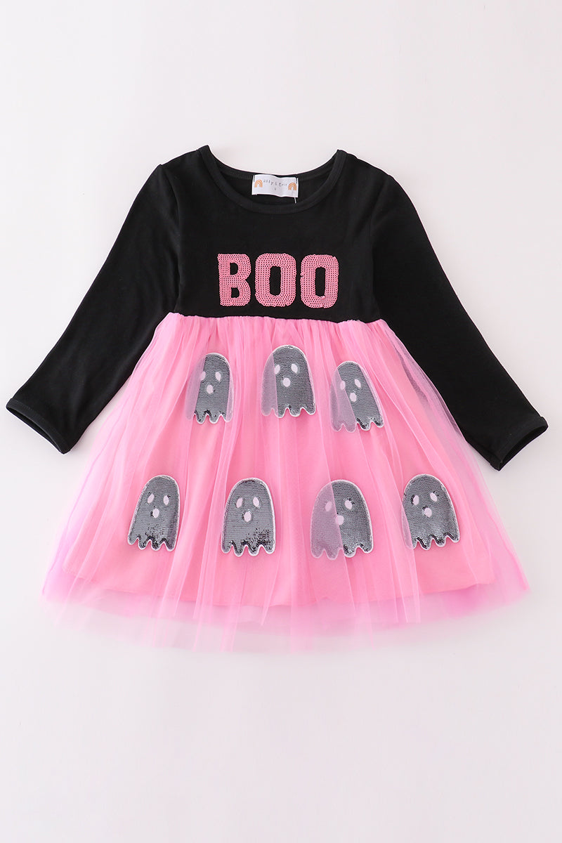 Black Halloween Boo Sequin Tutu Dress