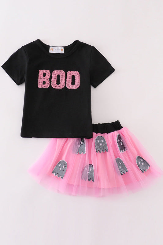 Black Halloween Boo Sequin Tutu Skorts Set