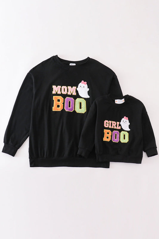 Black Halloween Mom&Girl Boo Chenille Patch Top