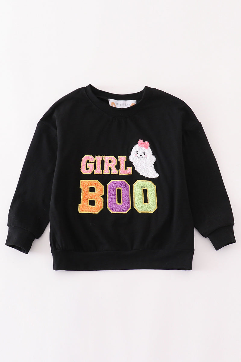 Black Halloween Mom&Girl Boo Chenille Patch Top