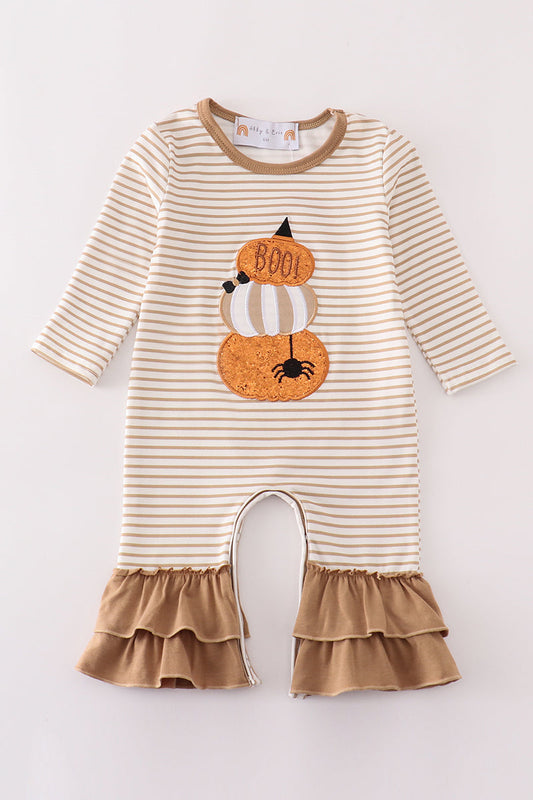 Khaki Stripe Pumpkin Glitter Girl Romper