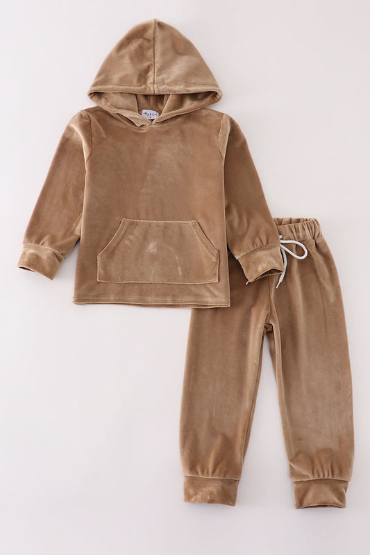 Beige Velvet Boy Hoodie Set