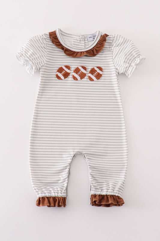 Brown Football French Knot Stripe Girl Romper