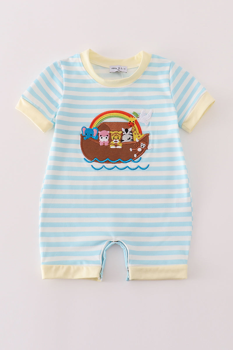 Blue Stripe Noah's Ark Applique Boy Romper