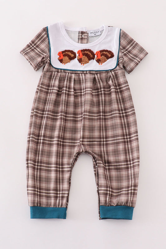 Brown Plaid Turkey French Knot Boy Romper