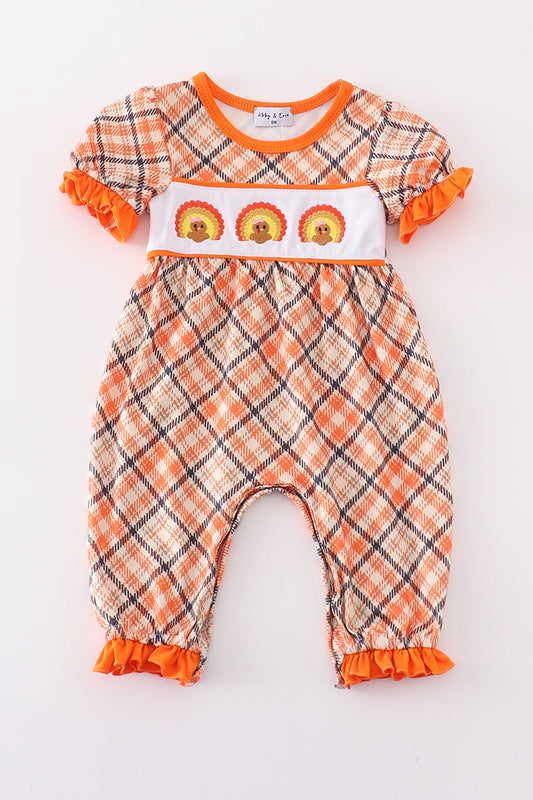 Orange Turkey Embroidery Girl Romper