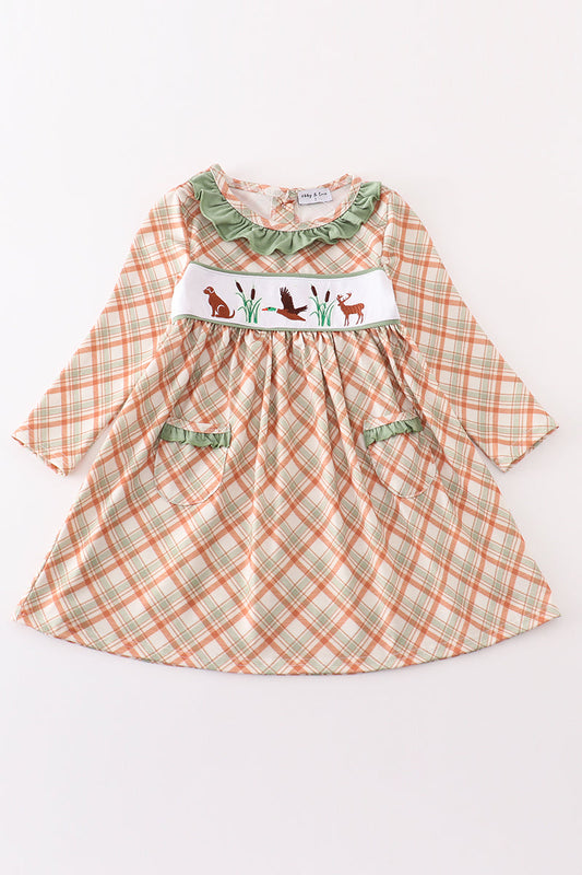 Green Hunting Duck Embroidery Girl Dress