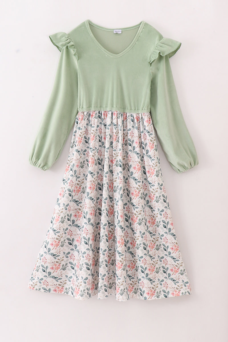 Sage Floral Print Velvet Ruffle Mom Dress