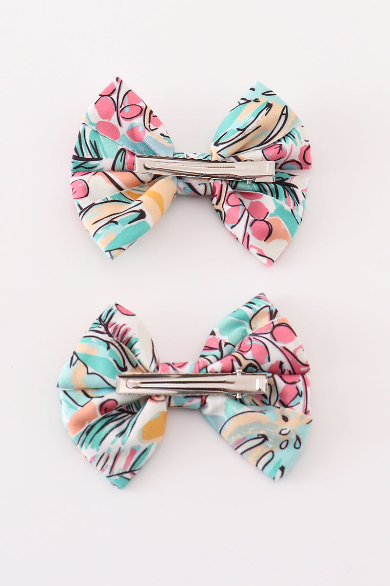 Teal Floral Print Piggie Hair Bow