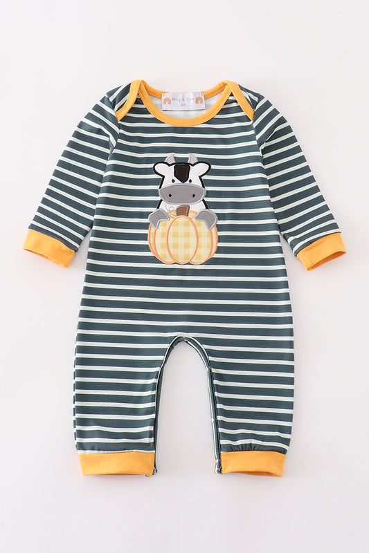 Green Stripe Cow Pumpkin Applique Boy Romper