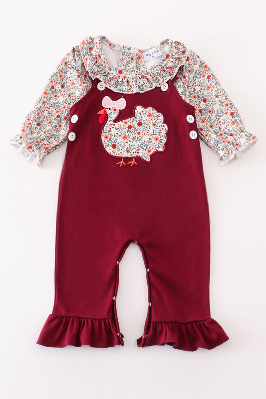 Maroon Thanksgiving Turkey Applique Floral Girl Romper Set