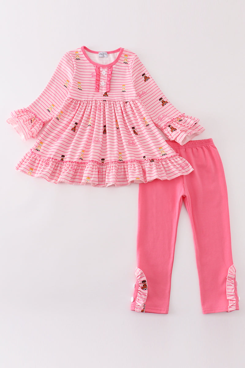 Pink Stripe Barbie Print Girl Ruffle Set