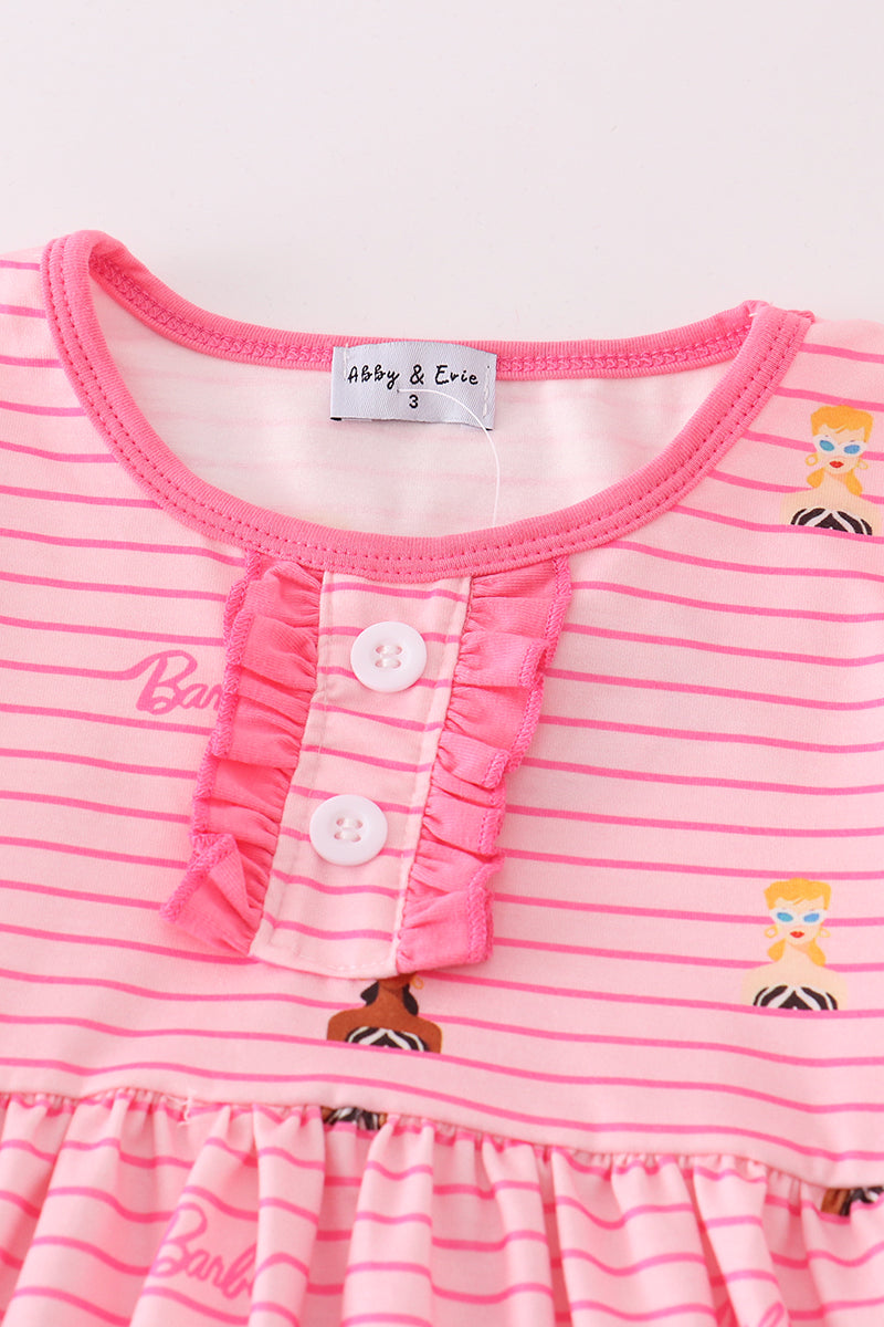 Pink Stripe Barbie Print Girl Ruffle Set