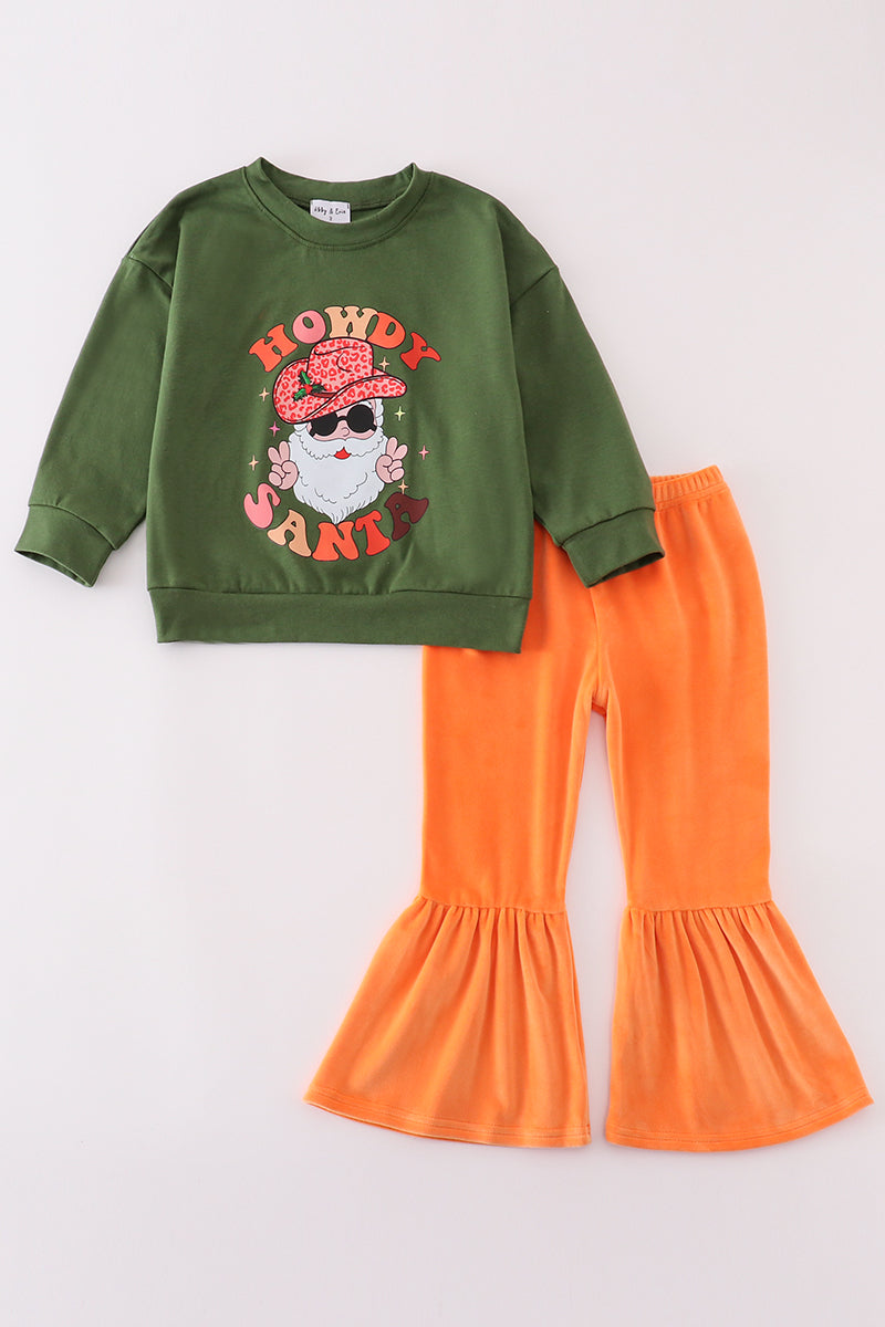 Green Howdy Santa Print Velvet Bell Girl Pants Set